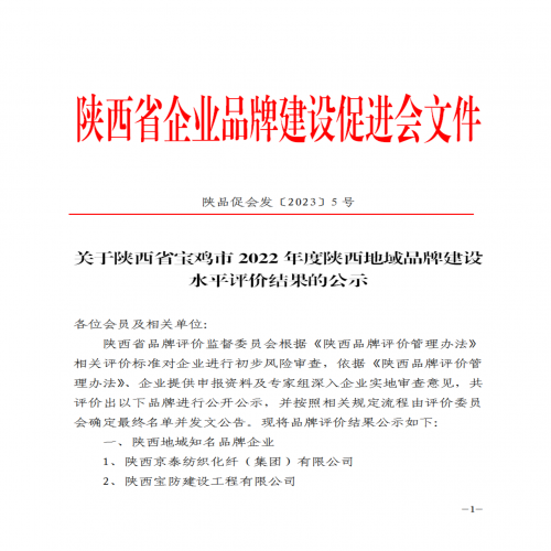 关于宝鸡市2022年度地域品牌建设水平评价结果的公示